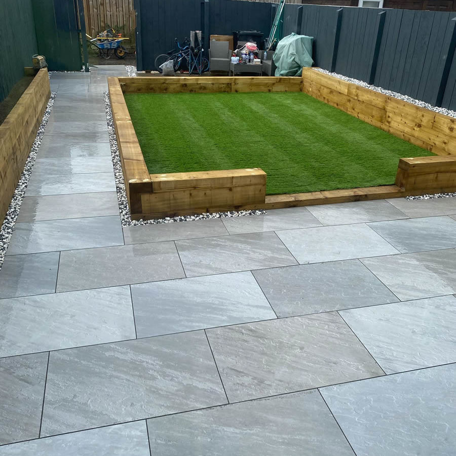 grey patio with landscaping